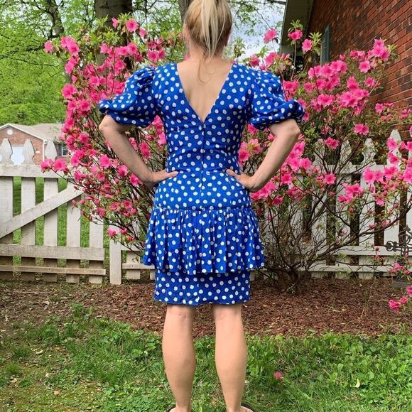 Totally awesome Vtg 80s blue & white silk dress - Picture 2 of 7